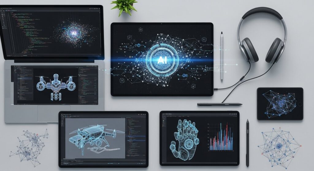 Illustration of AI-driven future of work: professionals collaborating with robots and data interfaces
