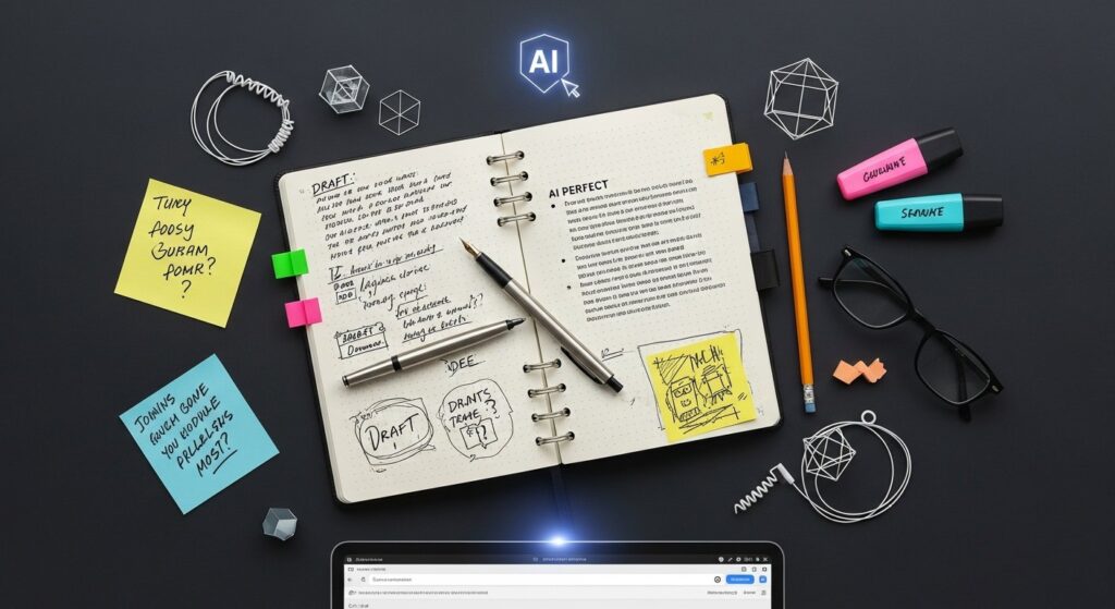 Concept illustration of AI writing assistants helping a person edit text on a laptop (Technology & Future of Work)