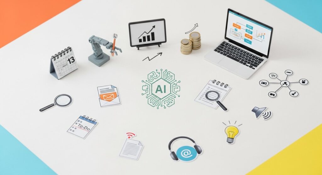 Featured illustration: AI automating workplace tasks, robot assisting an office worker at a laptop