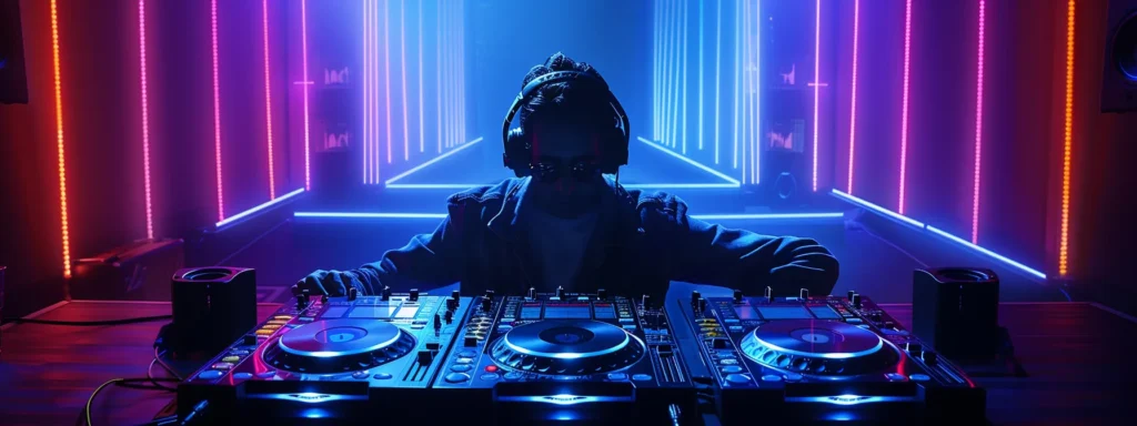 a person preparing to spin tracks with headphones on, surrounded by glowing ai dj technology.