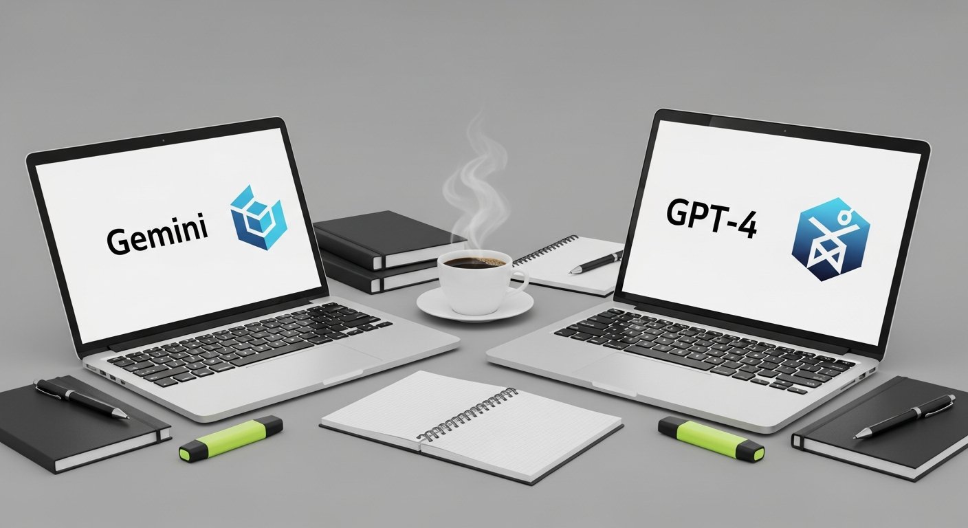 Illustration comparing Google Gemini and OpenAI GPT-4 models in the context of AI and the future of work