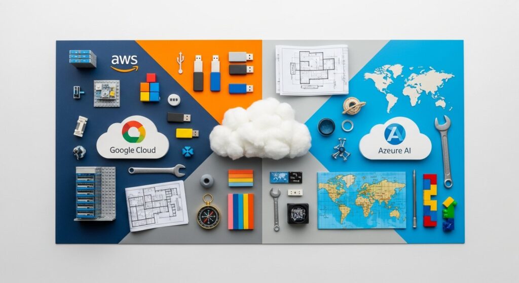 Featured illustration comparing AWS, Google Cloud, and Azure AI cloud platforms and their role in the future of work