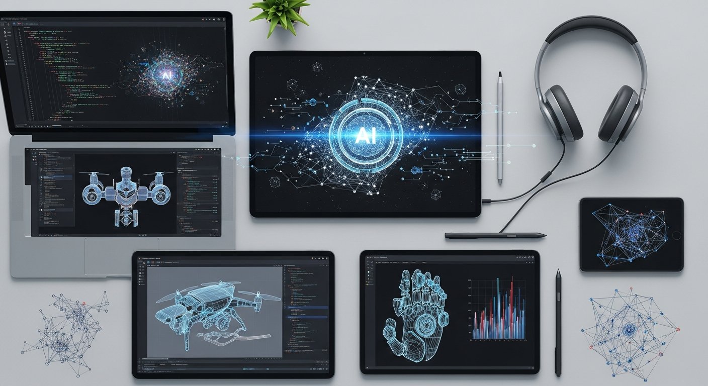 Illustration of AI-driven future of work: professionals collaborating with robots and data interfaces