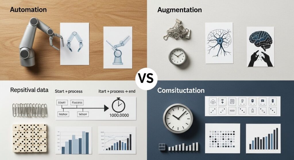 Illustration comparing AI automation and augmentation in the future of work