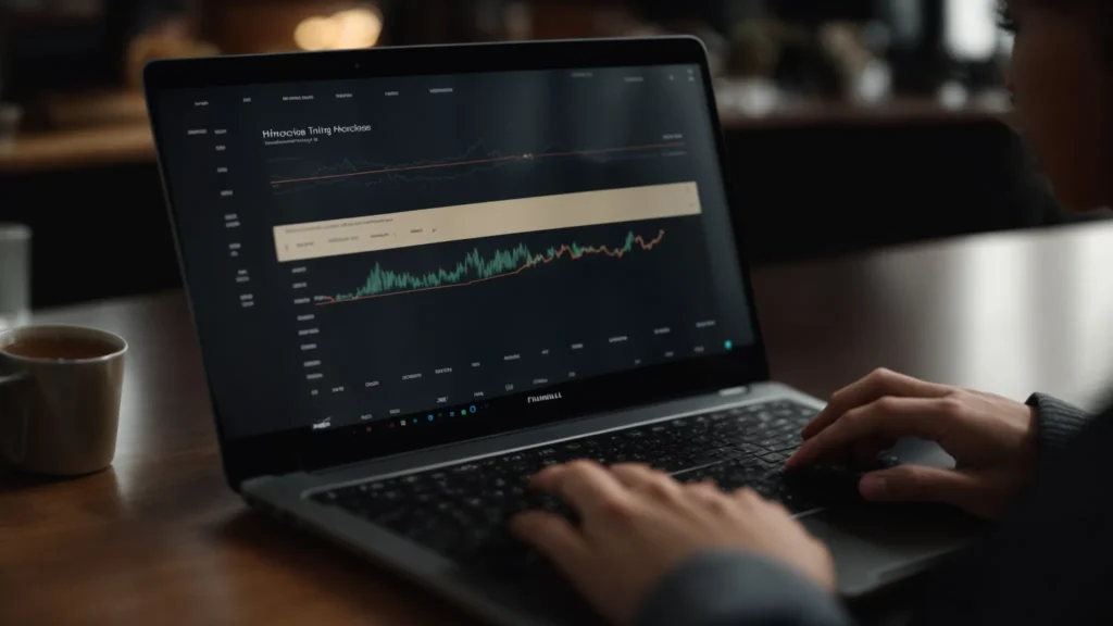 a person browsing a thriving online store on a laptop, with a chart of upward sales trends in the background.
