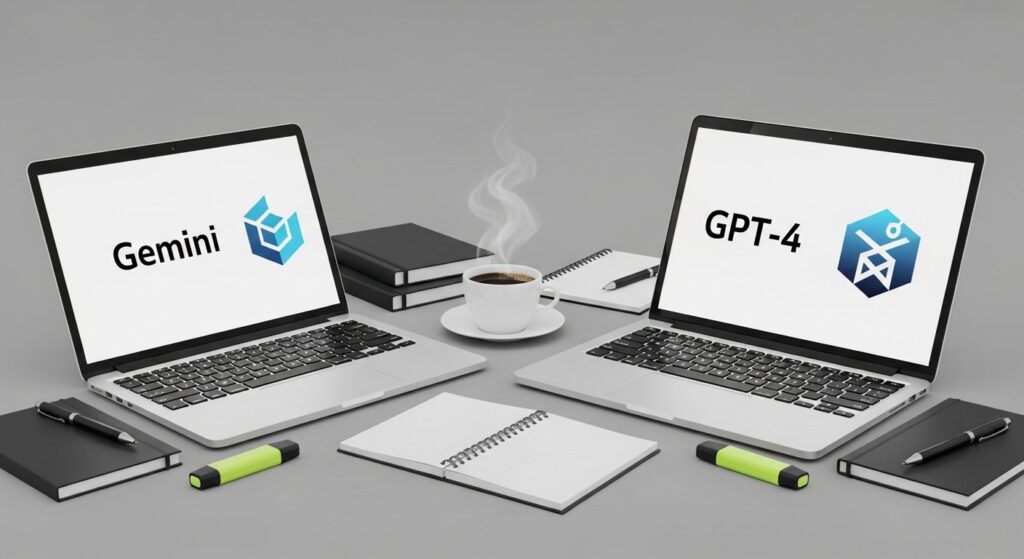 Illustration comparing Google Gemini and OpenAI GPT-4 models in the context of AI and the future of work